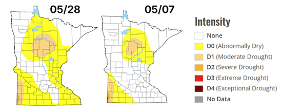 Photo of the drought maps for 05/28 and 05/07 with a key on the side indicating color coding for drought levels.